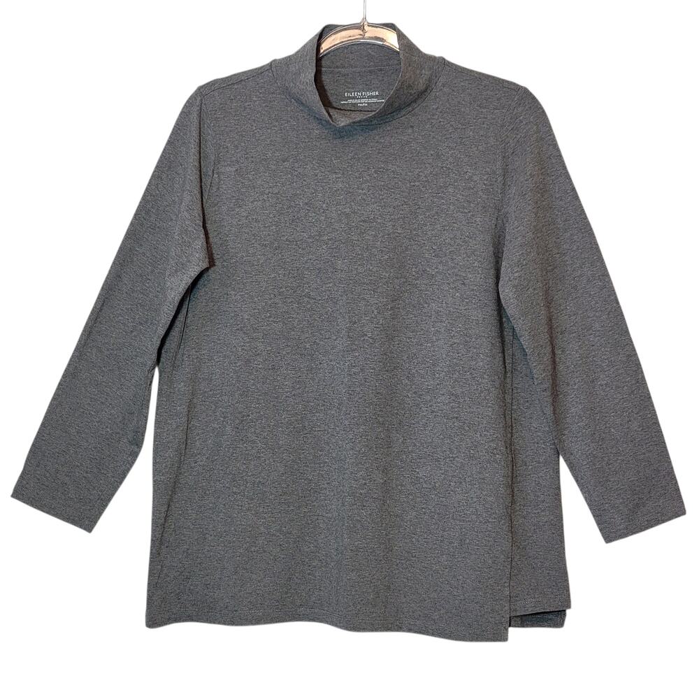 Eileen Fisher Organic Cotton Mock Neck Top Gray Long Sleeve PM Classic Cozy